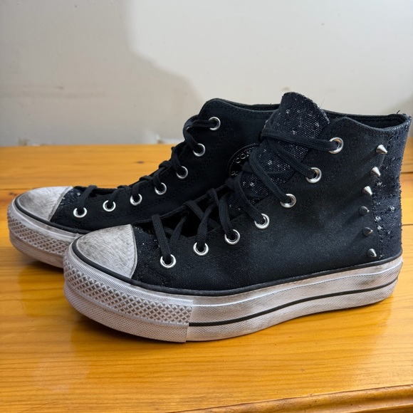 Converse Shoes - Converse Black High-Tops CTAS with Silver Spikes Distressed Style Lifted No Wear